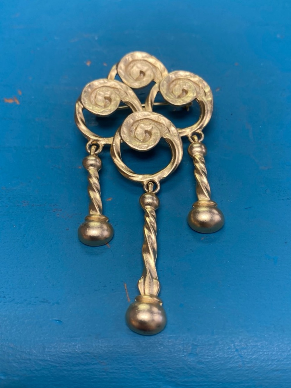 Vintage AJ Gold-Tone Swirl Dangle Brooch with Twisted Drops